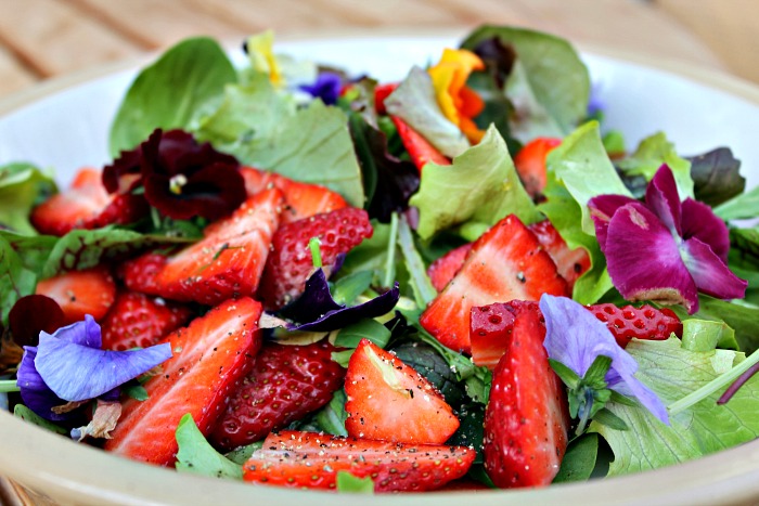 salat med jordbær og hornviol